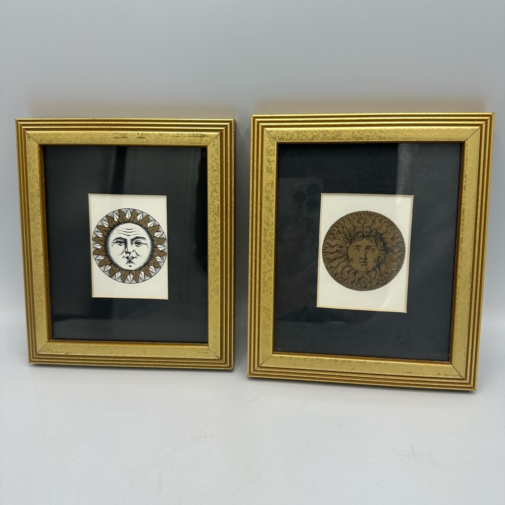 Celestial Vintage Fornasetti Sun Prints Matted Gold Frame Wall Art Set Of 2